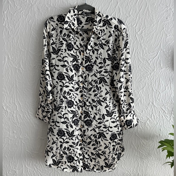 Zara Botton Down Black & White Floral Shirt Dress Sz S NWOT - Picture 3 of 5
